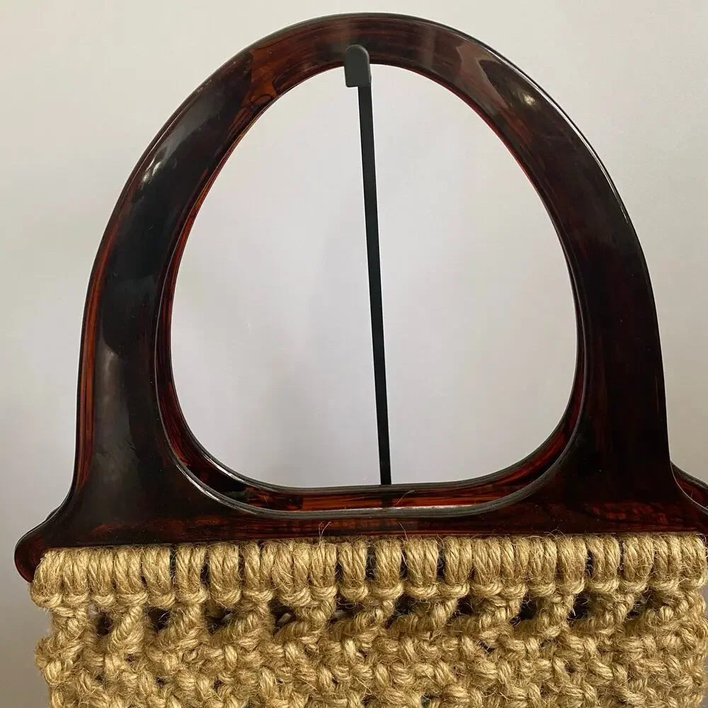 Vintage Macrame Beige Woven Handbag With Bakelite Lucite Handles Handmade Boho